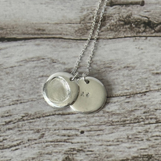 Double Round Silver Disk Necklace With Personalised Fingerprint