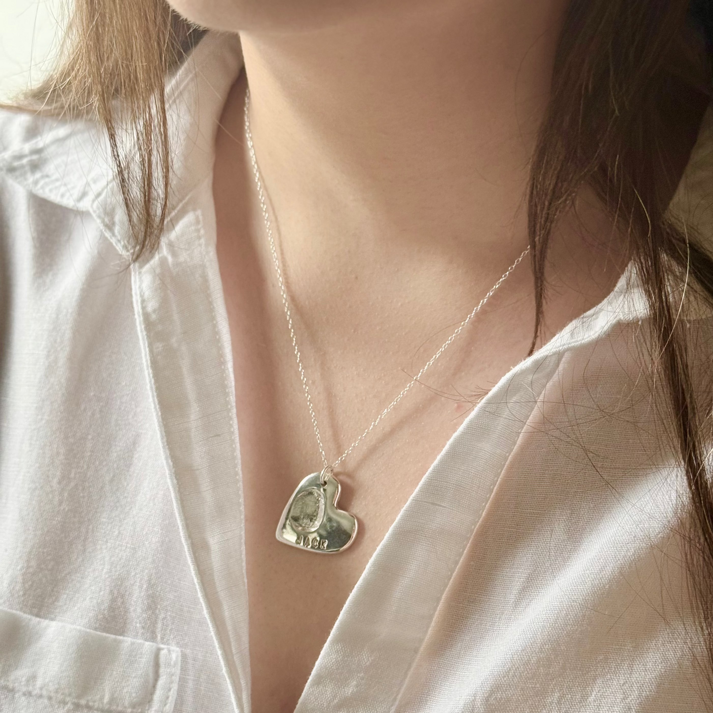 Large Silver Fingerprint Heart-Shaped Necklace