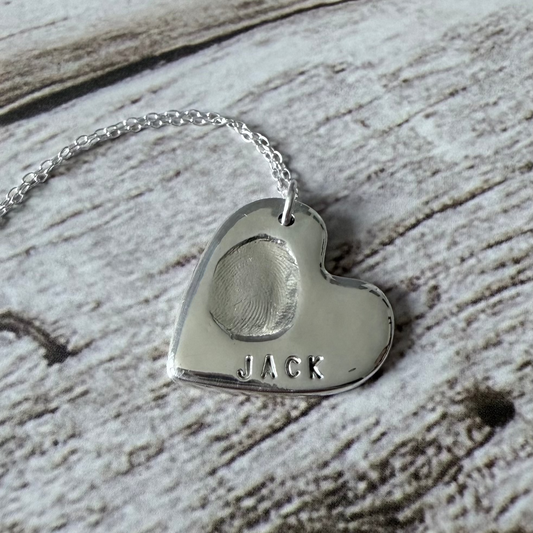 Large Silver Fingerprint Heart-Shaped Necklace