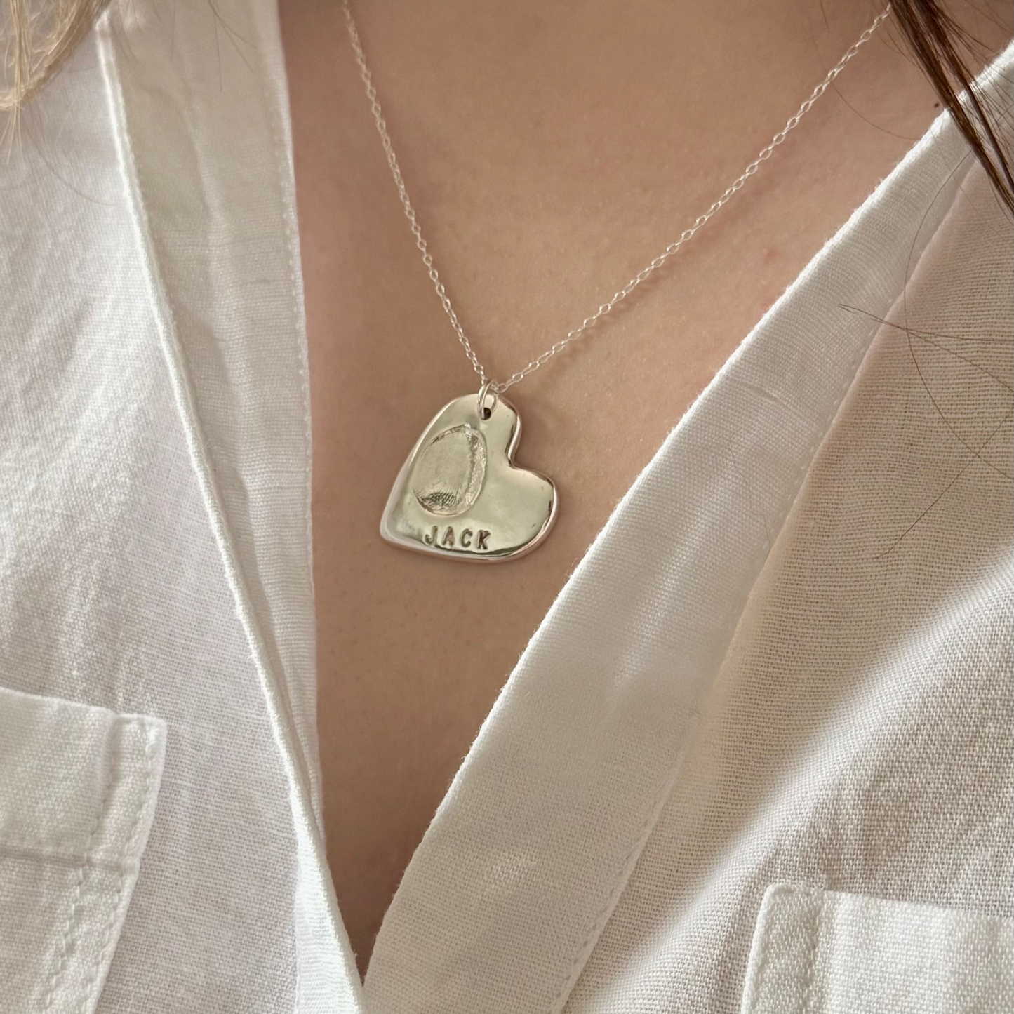 Handmade Silver Fingerprint Heart-Shaped Necklace