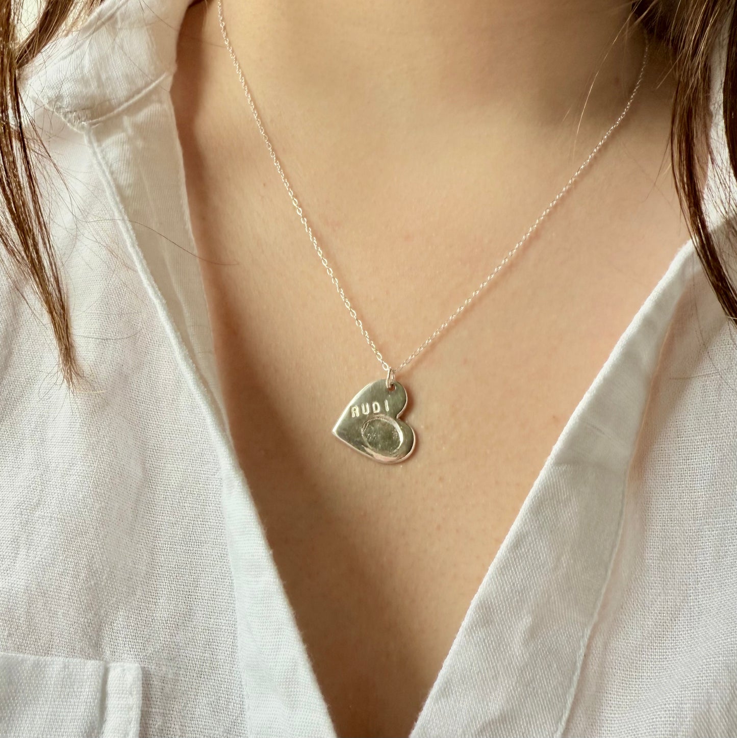 Small Heart-Shaped Silver Fingerprint Pendant