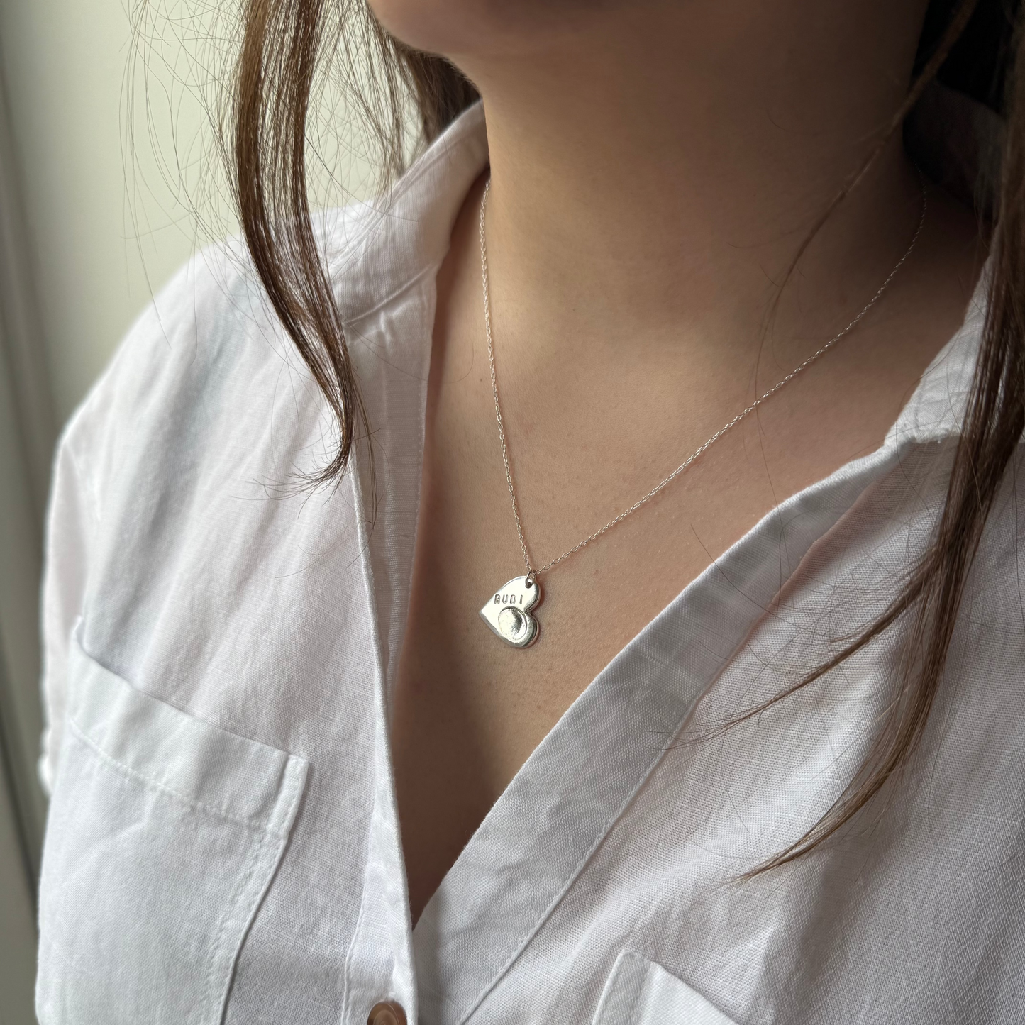 Small Heart-Shaped Silver Fingerprint Pendant