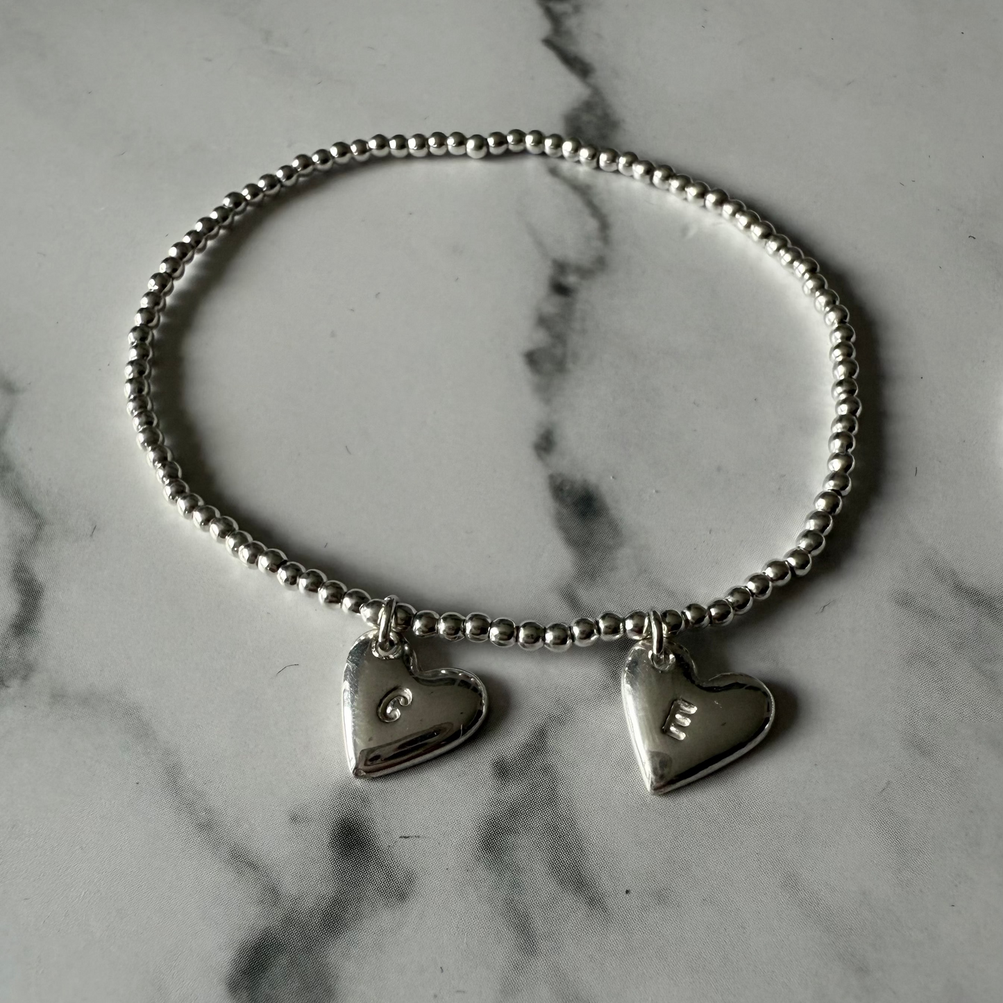 Silver Beaded Heart Initial Charm Bracelet
